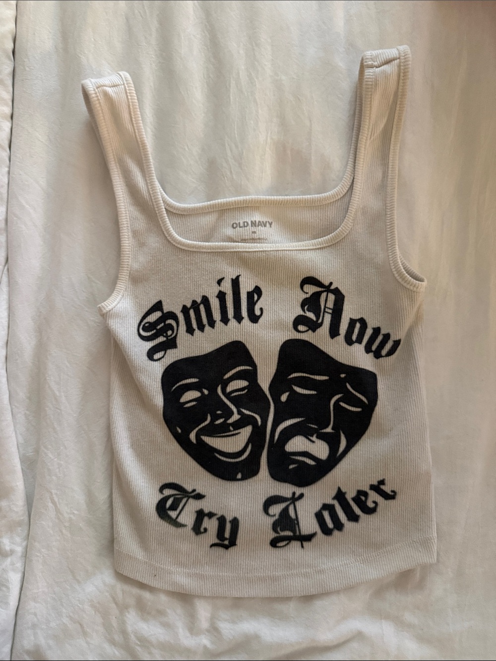 Old Navy White Ribbed Graphic Tank - Black Theater Mask Slogan
